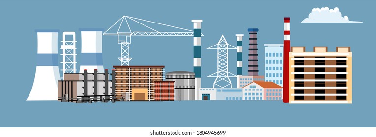 Banner horizontal industrail landscape, blue sky with clouds, plant buildings, city and factory, vector illustration