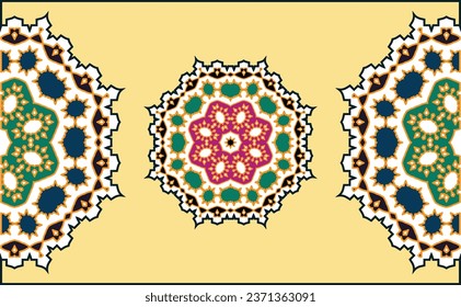 Banner with a horizontal mandala design featuring decorative floral patterns. Adorned with golden Arabic Islamic Eastern elements and presented in vibrant green, pink, blue, and purple hues.