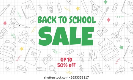 banner; horizontal; venda; voltar à escola; padrão; rabiscar; itens; publicidade; promoção; escola; elementos; imprimir; grade; suprimentos; engraçado; infantil; colorido; branco; neutro; fundo; copybook; sket