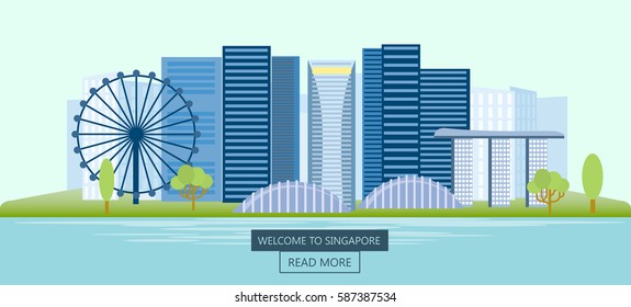 Banner horizontal of Singapore. Panoramic view of the city at day. Singapore city skyline. Vector illustration.