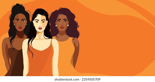 Cartel horizontal del día de la mujer vectorial. Un grupo de bellas mujeres gentiles con diferente belleza, color de piel. Colocar el texto. Derechos de la mujer, feminidad, independencia e igualdad de género