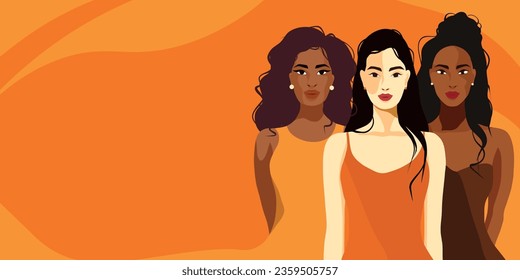 Cartel horizontal del día de la mujer vectorial. Un grupo de bellas mujeres gentiles con diferente belleza, color de piel. Colocar el texto. Derechos de la mujer, independencia e igualdad de género