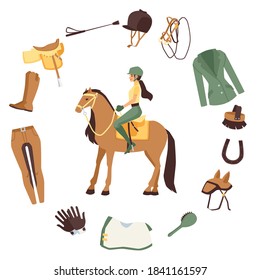 Banner with horse rider character in frame of horse harness and equestrian equipment accessories, flat vector illustration isolated on white background.