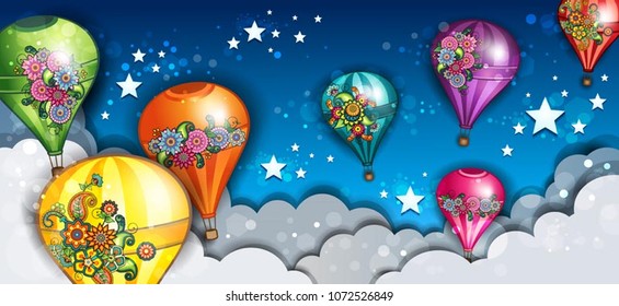 Banner Hot-Air Balloons Flying In The Clouds--transparency blending effects and gradient mesh-EPS 10