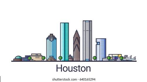 Banner of Houston city in flat line trendy style. Houston city line art. All buildings separated and customizable.