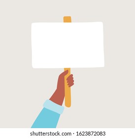 Banner in human hand on white background. Choice hesitate, dispute, opposition, choice, dilemma, opponent view. Test question. Vector illustration
