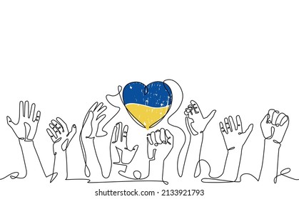 Cartel con las manos humanas cerca y un corazón en colores azul y amarillo. Estilo de dibujo continuo. Fondo vectorial. Apoyen a Ucrania. Recen por la paz. 