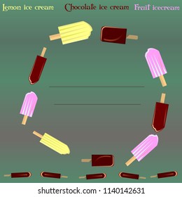 Banner ice cream on stick, on circle, on green gradient background, vector