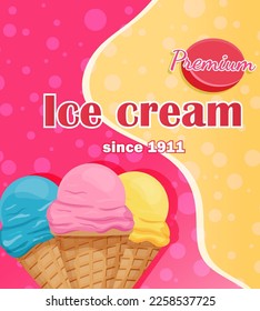 Banner with ice cream in a waffle cone. Advertising poster. Pink and yellow background. Bubbles in the background. Vector stock illustration. Food and sweets.