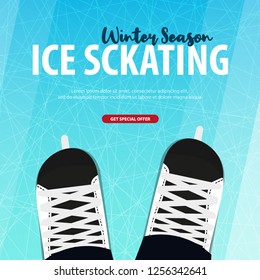 Banner with Ice skates. Figure skating. Texture of ice surface. Winter sports. Vector illustration background