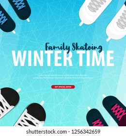 Banner with Ice skates. Figure skating. Texture of ice surface. Winter sports. Vector illustration background