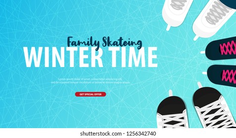 Banner with Ice skates. Figure skating. Texture of ice surface. Winter sports. Vector illustration background