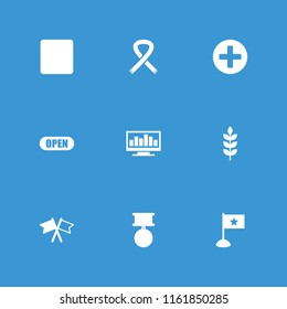 Banner icon. collection of 9 banner filled icons such as wheat, flag, open, medal, plus, chart on display, ribbon. editable banner icons for web and mobile.