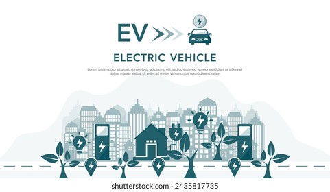 Banner with icon illustration environment friendly. Energy EV car concept. Electricity vehicle charge battery electric, green eco technology