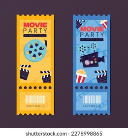 banner icon for movie day with popcorn basket, ticket, bell and black background. illustration for World Cinema Day.