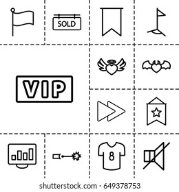 Banner icon. set of 13 outline bannericons such as vip, heart angel wings, devil heart with wings, no sound, fast forward, sold tag, flag, electric circuit, football t shirt