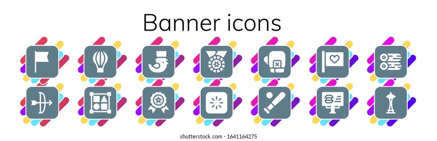 banner icon set. 14 filled banner icons. Included Flag, Arc, Hot air balloon, Shapes, Saint Patrick, Winner, Medal, Loading, Boxing gloves, Baseball, Billboard, Woods, Space needle icons