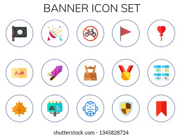 banner icon set. 15 flat banner icons.  Simple modern icons about  - jolly roger, diploma, confetti, fireworks, no bicycle, oktoberfest, flag, medal, balloon, shape, maple leaf