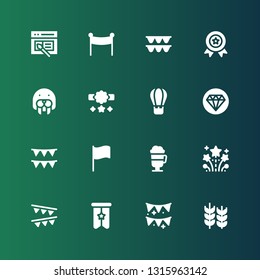 banner icon set. Collection of 16 filled banner icons included Wheat, Garlands, Banner, Fireworks, Irish coffee, Flag, Quality, Hot air balloon, Reward, Seal, Medal, Garland, Interface