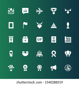 banner icon set. Collection of 25 filled banner icons included Ngo, Protest, Prize, Medals, Hot air balloon, Balloons, Ribbon, Badge, Macaroni, Display, Greeting card, Gif, Add