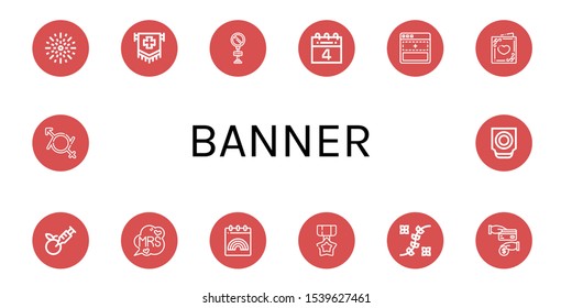 banner icon set. Collection of Fireworks, Flag, No parking, th of july, Add, Wedding card, Gmo, Mrs, World pride day, Medal, Flower design, Cash back, Gender fluid, Trackball icons