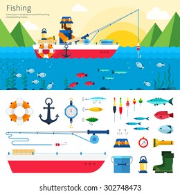 Banner and Icon set. Fisherman with fishing rod is fishing on boat. Items fishing hook, tackle, bait, reel, anchor, bucket, flashlight. Flat design cartoon style for web, analytics, graphic design