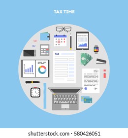 Banner and icon set, flat design in circle. Payment of tax. State taxes, analysis of financial data, statistics, calculation of tax return. Objects workplace and devices for web, vector illustration