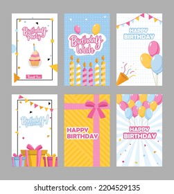 banner icon set with Happy Birthday Cards arranged in colorful. Beautiful celebration vector template with birthday cake and gifts.