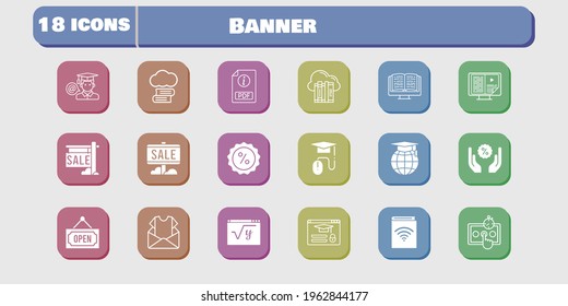 banner icon set. included newsletter, audiobook, test, maths, discount, login, cloud library, cloud, sale, pdf, ebook icons on white background. linear, filled styles.