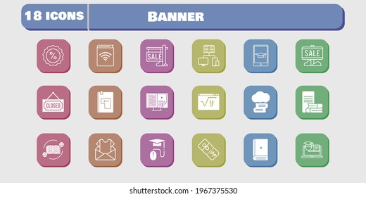 banner icon set. included newsletter, audiobook, maths, discount, training, cloud library, feedback, sale, ebook, online-learning icons on white background. linear, filled styles.