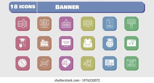 banner icon set. included newsletter, test, maths, discount, training, login, student-desktop, feedback, sale, ebook icons on white background. linear, filled styles.