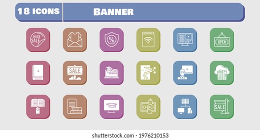 banner icon set. included newsletter, audiobook, test, voucher, training, student-desktop, cloud, sale, teacher, ebook icons on white background. linear, filled styles.