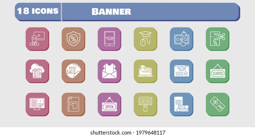 banner icon set. included newsletter, test, voucher, discount, training, login, cloud, sale, ebook, teacher, online-learning, elearning icons on white background. linear, filled styles.