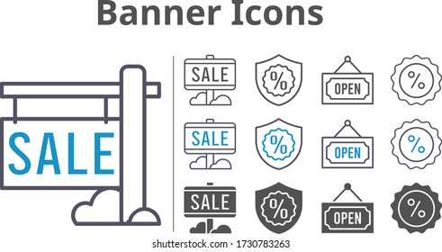 banner icon set included sale, warranty, discount, open icons