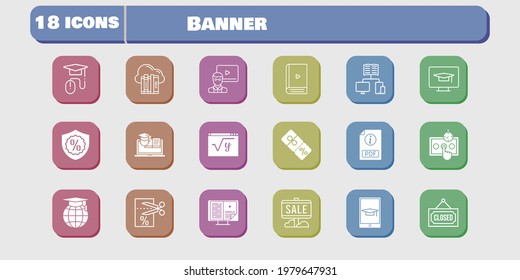 banner icon set. included test, voucher, maths, discount, training, student-desktop, cloud, sale, pdf, ebook, teacher, school icons on white background. linear, filled styles.