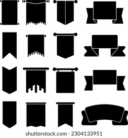 Paquete conjunto de ilustraciones vectoriales de iconos de banner. Banner de cinta de opciones, desplazamiento y marca para icono, signo y símbolo. Recursos gráficos de pancartas para promoción, oferta, publicidad y celebración