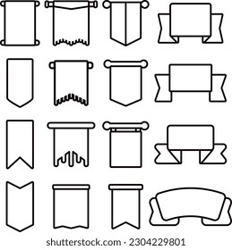 Banner icon vector illustration set pack. Ribbon, scroll and flag banner outline for icon, sign and symbol. Banner graphic resources for promotion, offer, advertisement and celebration
