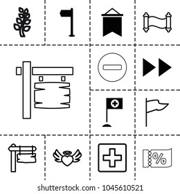 Banner icons. set of 13 editable filled and outline banner icons such as flag, plus, direction board, heart angel wings, manuscript, minus, ticket on sale, wheat