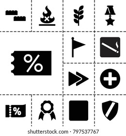 Banner icons. set of 13 editable filled banner icons such as ticket on sale, building block, shield, flag, stop, fast forward, ribbon, medal, wheat, smoking area, plus