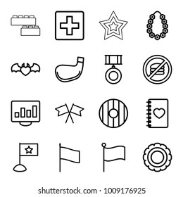 Banner icons. set of 16 editable outline banner icons such as plus, no fast food, notebook with heart, devil heart with wings, flag, award, chart on display, garland