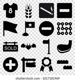 Banner icons. set of 16 editable filled banner icons such as wheat, minus, flag, direction board, devil heart with wings, ribbon, sold tag, football t shirt, golf stick