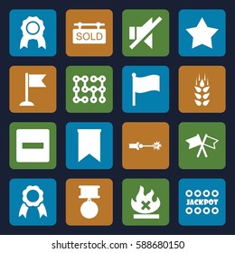 banner icons set. Set of 16 banner filled icons such as wheat, Star, Jackpot, flag, no fire, no sound, ribbon, sold tag, electric circuit, medal