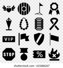 Banner icons set. set of 16 banner filled icons such as vip, no fire, heart angel wings, ribbon, garland, stop, flag, electric circuit, shield, medal