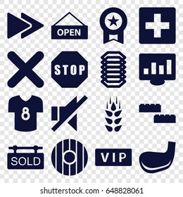 Banner icons set. set of 16 banner filled icons such as wheat, vip, no sound, fast forward, cancel, sold tag, stop, football t shirt, golf stick, open plate, electric circuit