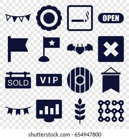 Banner icons set. set of 16 banner filled icons such as wheat, smoking area, vip, devil heart with wings, party flag, sold tag, open, electric circuit, shield, award, flag