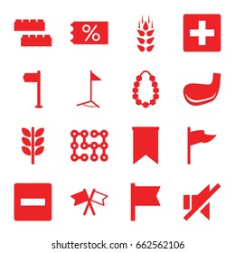 Banner icons set. set of 16 banner filled icons such as wheat, child building kit, no sound, flag, garland, golf stick, electric circuit, plus, minus