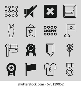 Banner icons set. set of 16 banner filled and outline icons such as jackpot, no sound, flag, smoking area, direction board, electric circuit, shield, medal, football t shirt