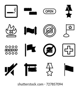 Banner icons set. set of 16 banner filled and outline icons such as smoking area, direction board, no sound, flag, medal, manuscript, jackpot, no fire, open, building block