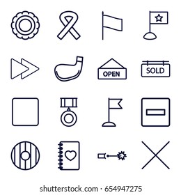 Banner icons set. set of 16 banner outline icons such as flag, notebook with heart, stop, fast forward, cancel, ribbon, sold tag, open plate, electric circuit, shield, medal