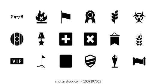 Banner icons. set of 18 editable filled banner icons: wheat, vip, plus, cancel, medal, no fire, stop, party flag, flag, hazzard, shield